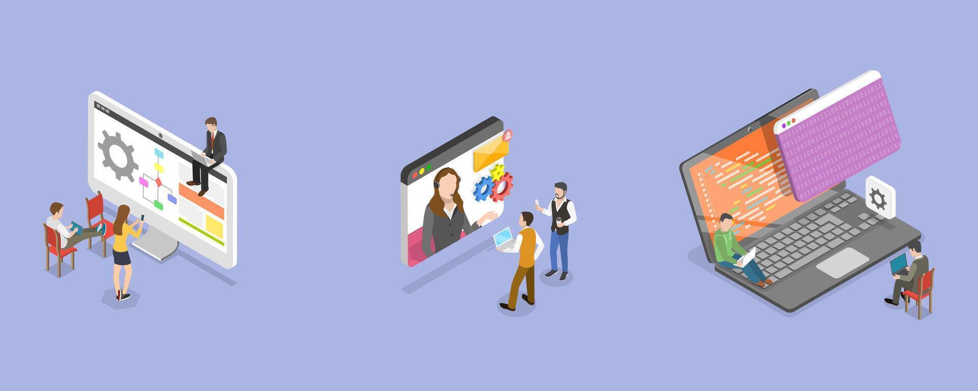 3D Isometric Flat Conceptual Illustration of Software Development and Integration, Coding and Testing Process vector
