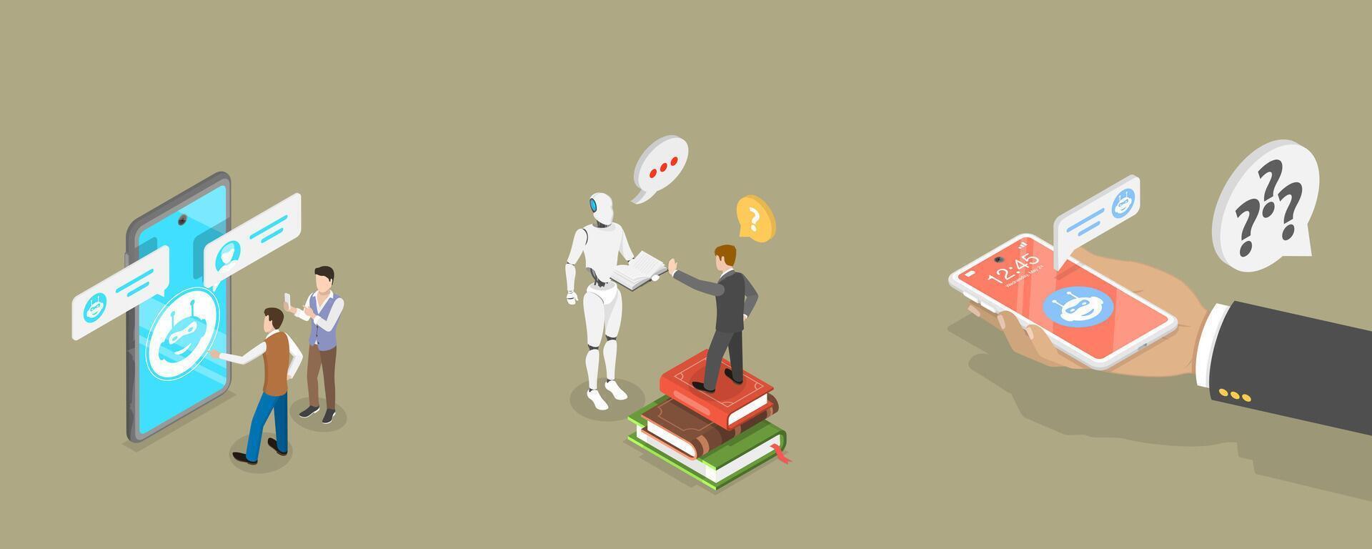 3D Isometric Flat Conceptual Illustration of Chatbot Customer Support, AI Assistant vector