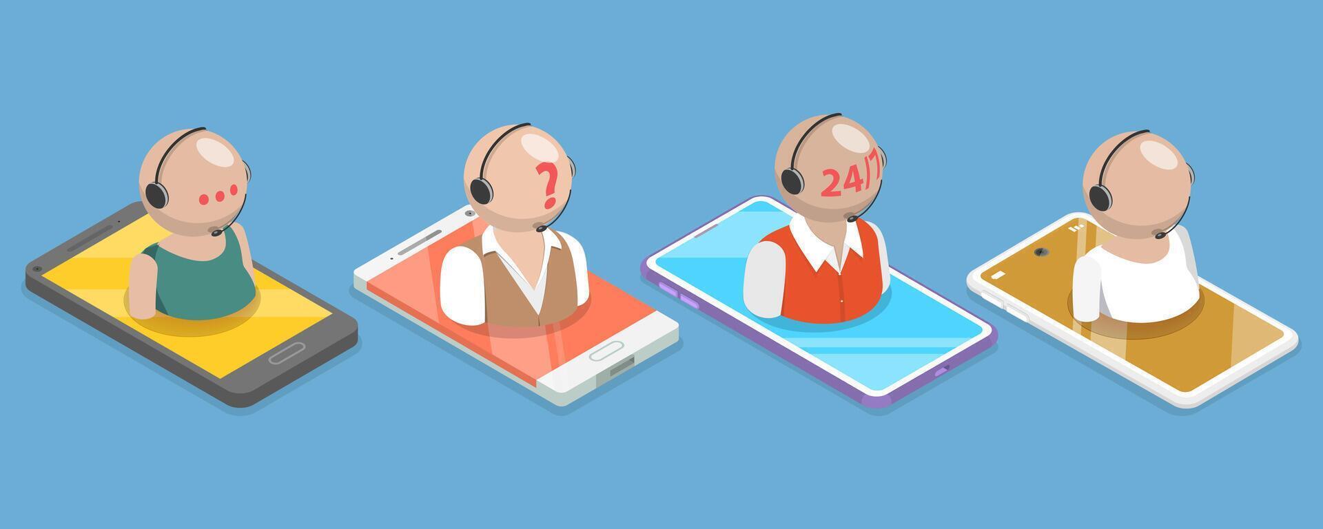3D Isometric Flat Conceptual Illustration of Customer Support, Clients Assistance or Call Center vector