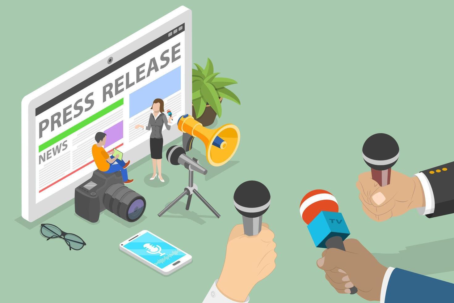 3D Isometric Flat Conceptual Illustration of Press Release, Mass Media News vector