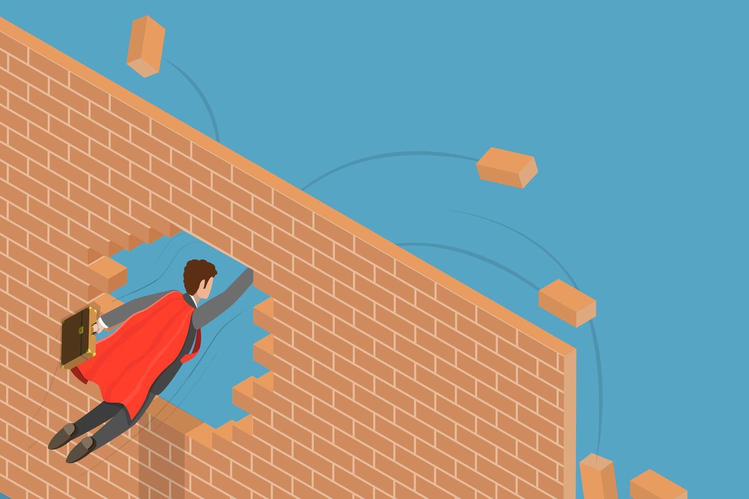3D Isometric Flat Conceptual Illustration of Breakthrough Business Barrier, Overcoming Obstacles vector