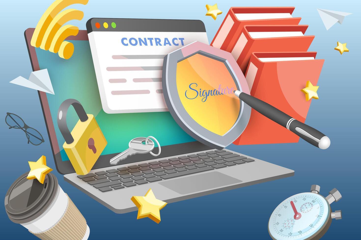 3D Conceptual Illustration of Digital Signature, Online Document Signing vector