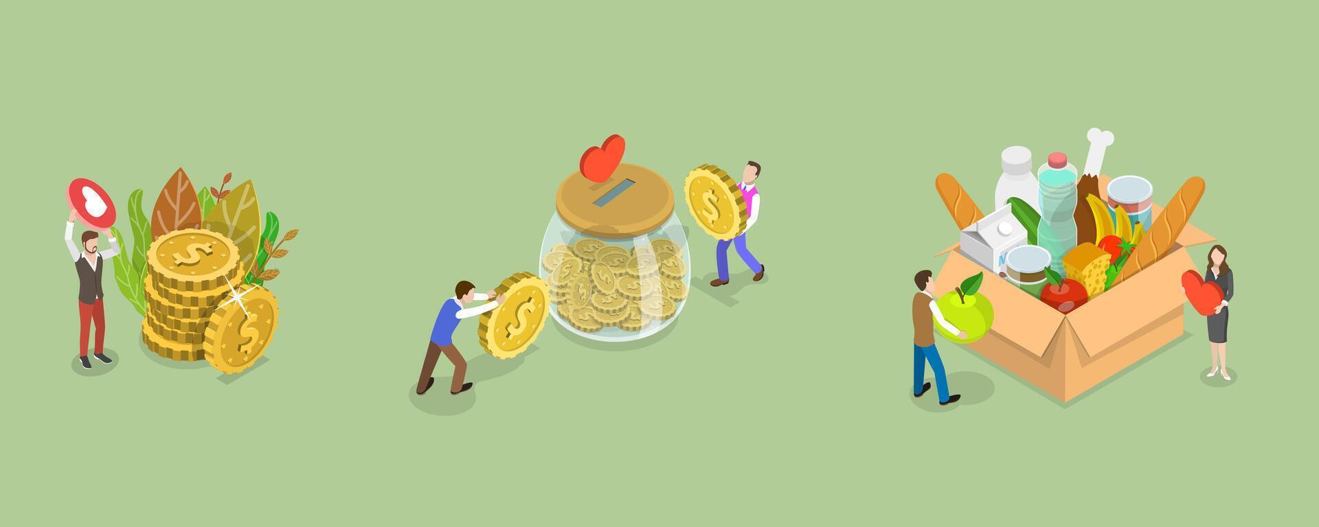 3D Isometric Flat Conceptual Illustration of Donation and Volunteering, Charity Social Support vector