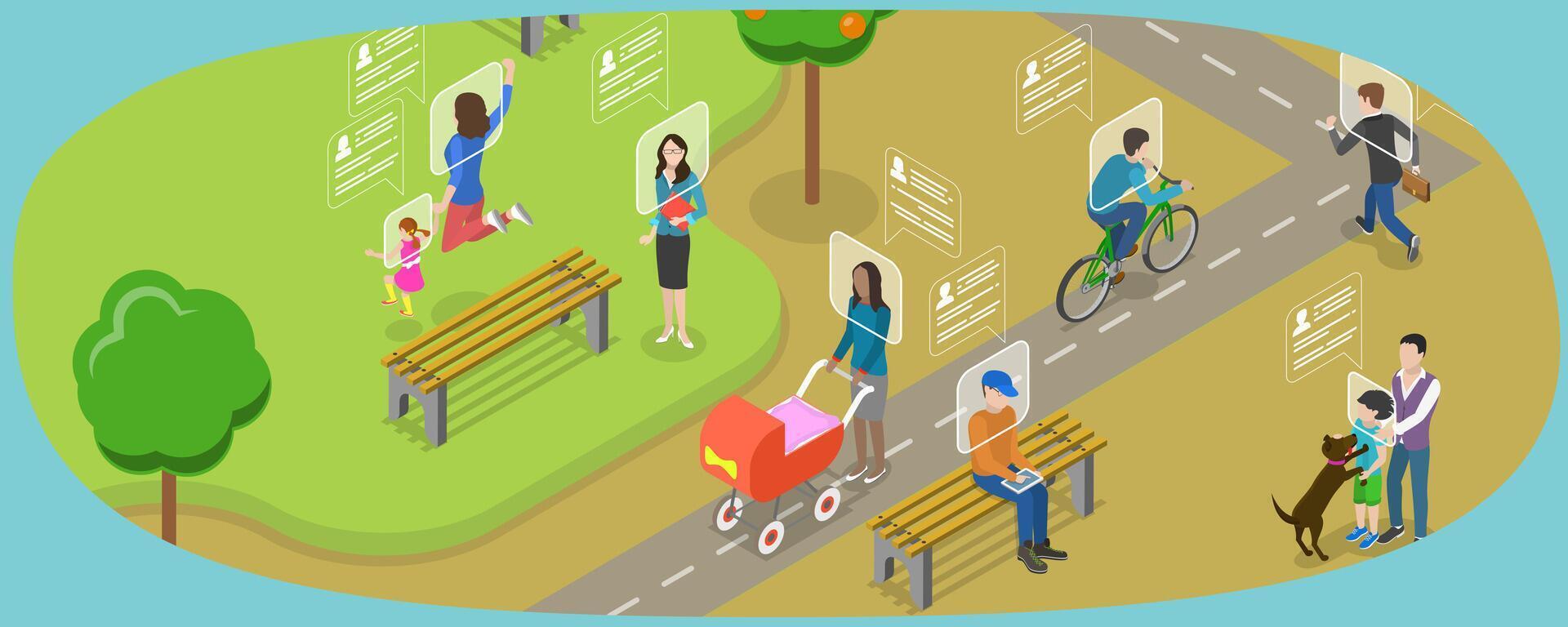 3D Isometric Flat Conceptual Illustration of Face Recognition Technology, Verification and Surveillance System vector