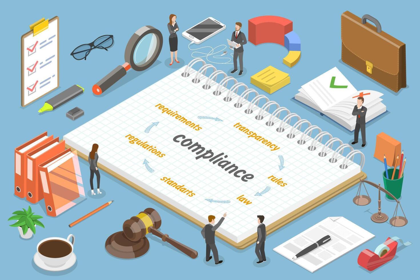 3D Isometric Flat Conceptual Illustration of Compliance, Business People are Discussing Steps to Comply with Relevant Laws, Policies, and Regulations vector
