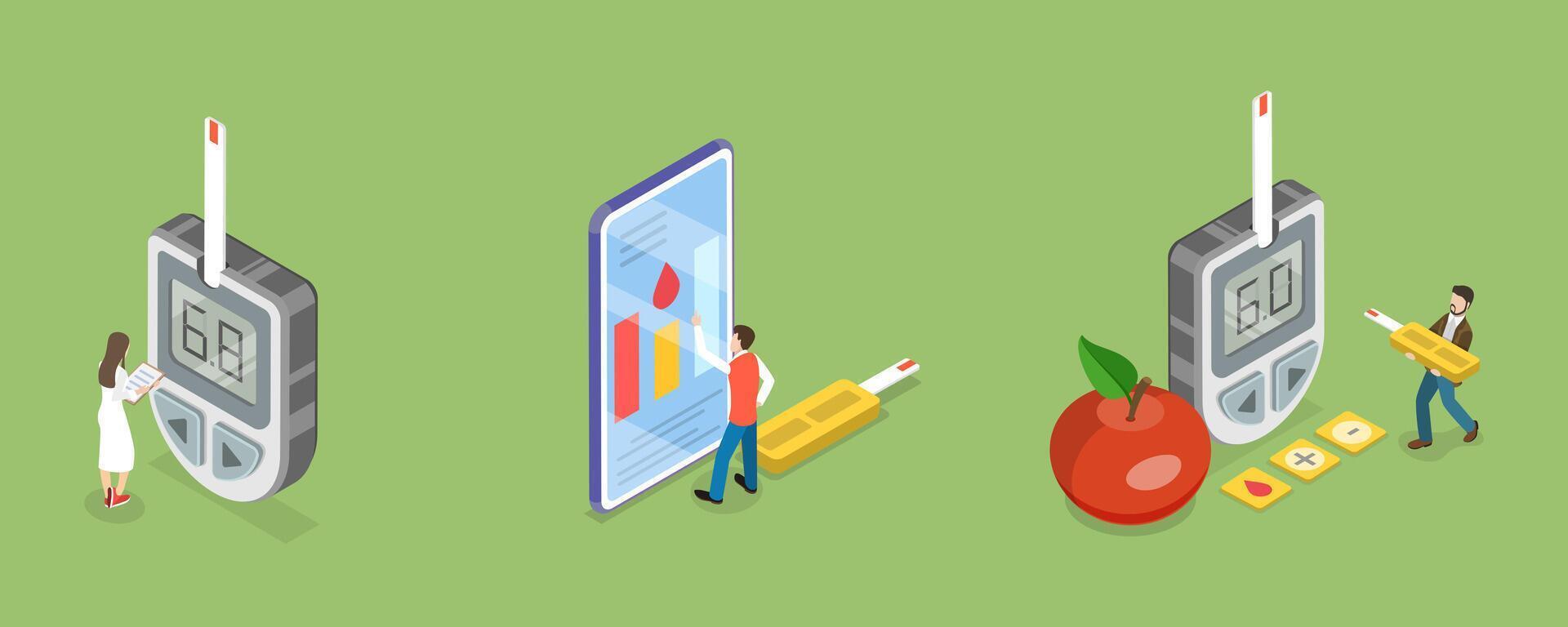 3D Isometric Flat Conceptual Illustration of Blood Sugar Test, Measuring Glucose in Blood with Glucometer vector