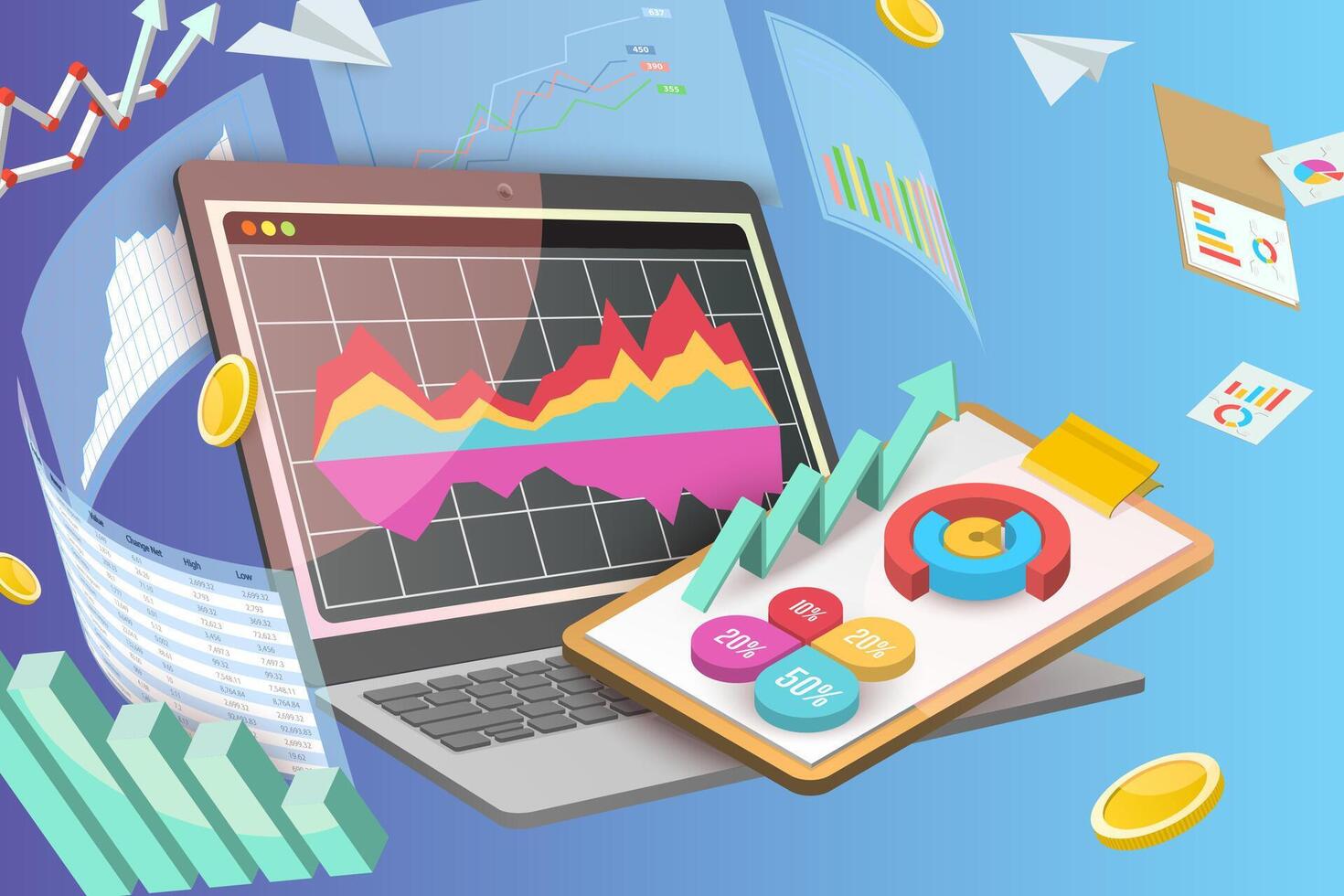 3D Conceptual Illustration of Analytics Reporting Service, Financial Fata Analysis vector