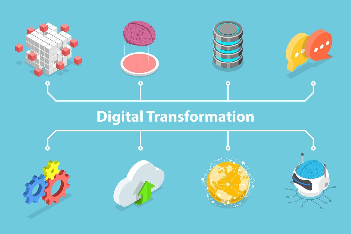 3D Isometric Flat Conceptual Illustration of Digital Transformation, AI Technology, Automation and Cloud Computing.. vector