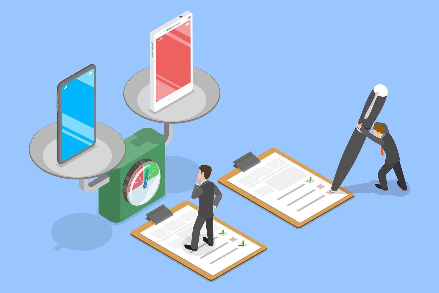 3D Isometric Flat Conceptual Illustration of Smartphone Comparison, Rankings Product Features vector
