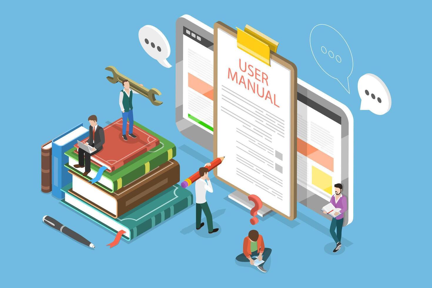3D Isometric Flat Conceptual Illustration of User Manual Book, Operating Instructions vector