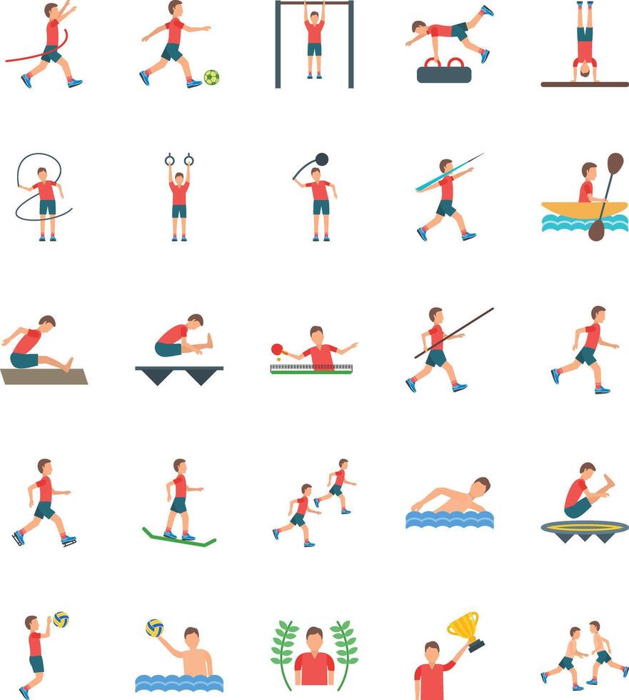 Set of 25 multicolor icons related to types of olympics. Collection of 25 kinds of olympics and activities. Editables stroke... vector