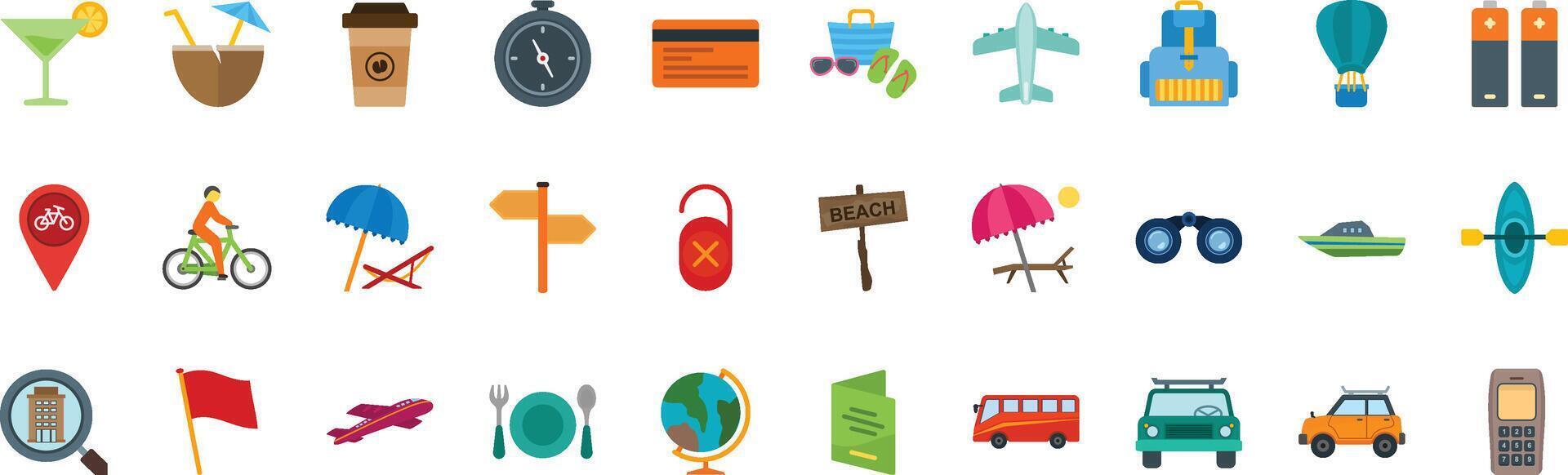 Holiday line icon set. Set of 30 outline icons related to vacations, beaches, career bags, tourist transportation, tourism, travel and others. Editable stroke. vector