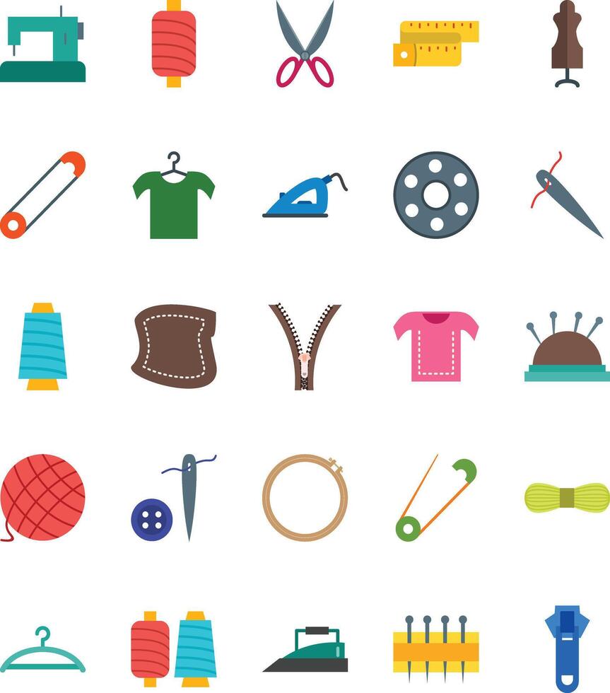 Set of 25 multicolor icons related to sewing, textile industry, fabric feather. Editable stroke. vector