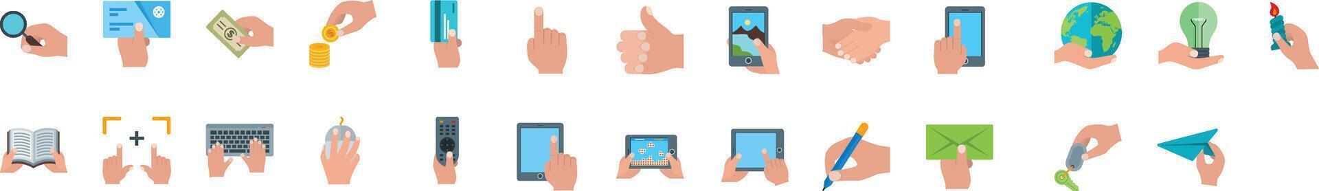 Hands Multicolor Editable Icons set. Modern thin line style of different hand gestures pointing, peace, like, handshake, perfect, and more. vector