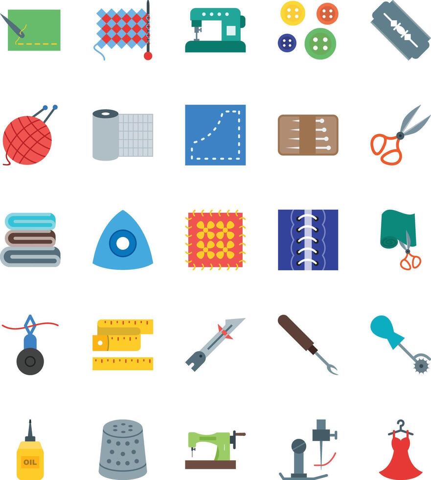 Set of 25 multicolor icons related to sewing, textile industry, fabric feather. Editable stroke... vector