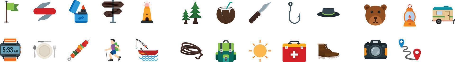 Camping line icon set. Set of 25 outline icons related to camping, tent, hiking, adventure, compass, campfire, map, tourist, backpack, nature and others.Editable stroke. vector