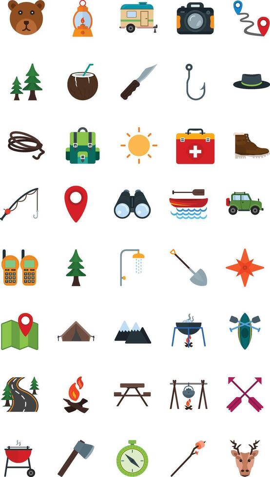 Camping Multicolor Editable Icons set. illustration in modern thin Multicolor style of outdoor activities related icons hiking, fishing, mountain biking, and more. vector
