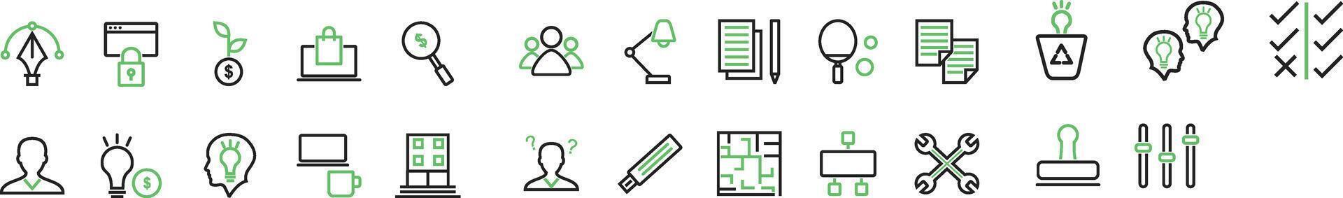 Startup line icon set. Set of 25 outline icons related to startup, vision, company, development, growth, management and others. vector
