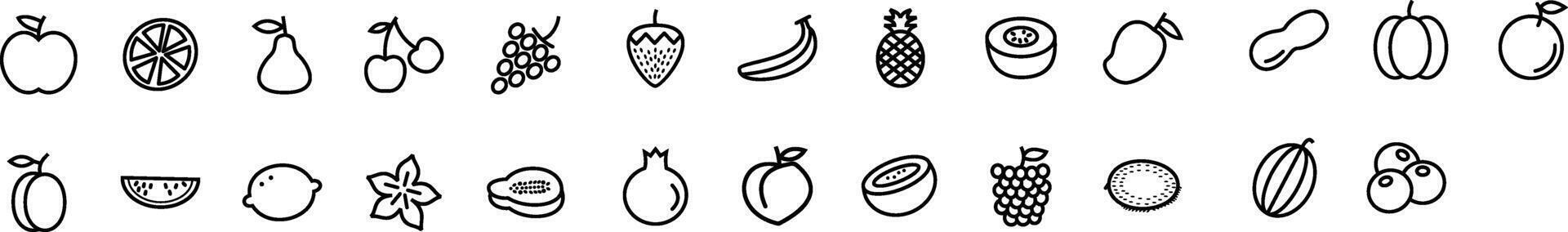 Line icons about vegetables. Contains such icons as potatoes, lemon, tomato, banana, cherry and more. vector