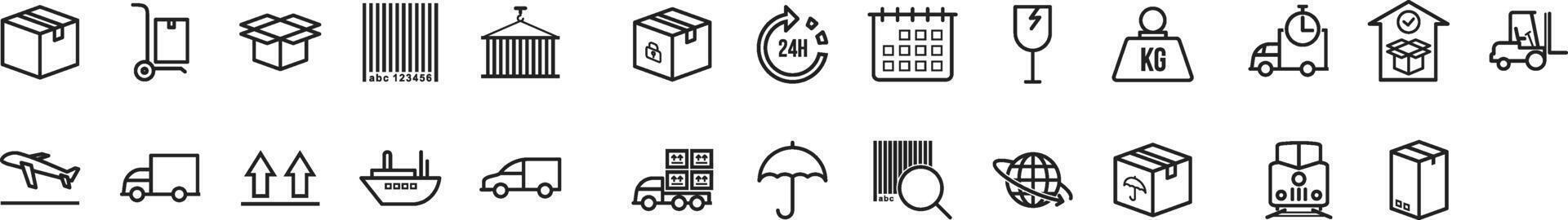 Line icons about shipping and logistics. Contains such icons as distribution, transportation, insurance and more. vector