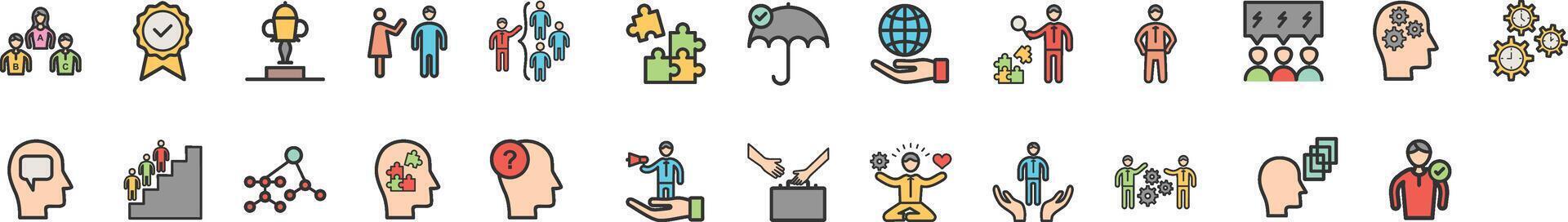 Soft skills line icon set. Set of 30 outline icons related to interpersonal skill, emotional intelligence, teamwork, mindset, problem solving, vision and others. Editable stroke. vector
