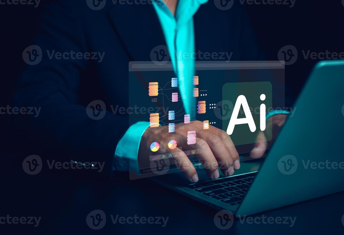 Using artificial intelligence to make business more efficient, Businessman using artificial intelligence or AI technology in future business, IoT, Innovation and the future. photo
