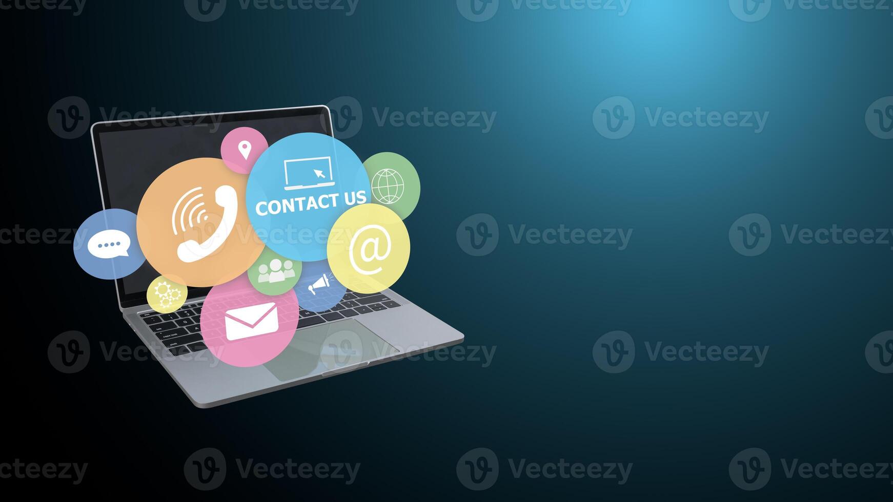 Contact us or email marketing concept, Website page, Customer support hotline online, Illustration of gradient background with computer and contact us icon, Email, Phone, Address, Chat message icon. photo