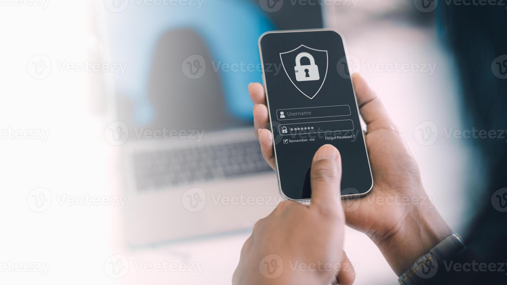 Cybersecurity and privacy concepts to protect data, Human hand show protecting personal data on smartphone, Lock icon and internet network security technology, virtual screen interfaces. photo