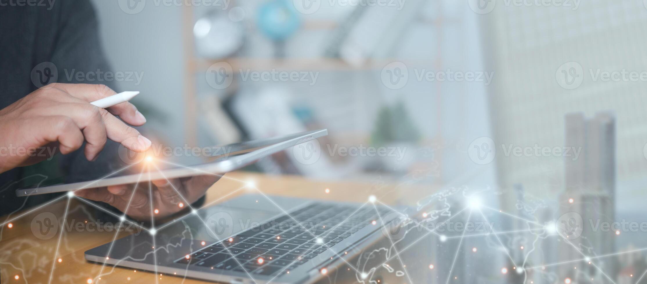 Digital technology, Internet global network technology concept, Data exchange, Ecommerce, Big data, Businessman using digital tablet computer with global internet network connection. photo