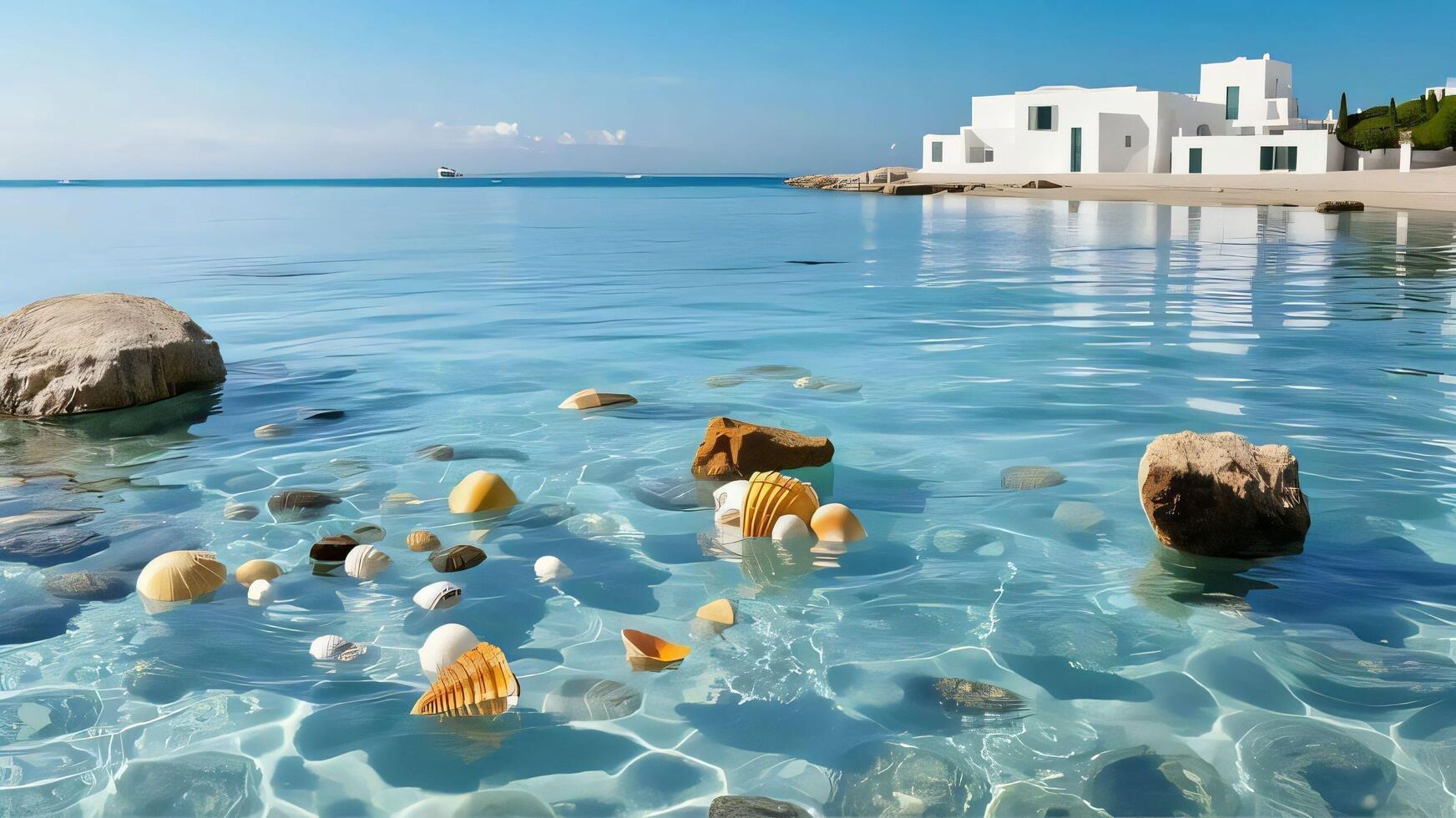 a beach with shells and rocks in the water photo