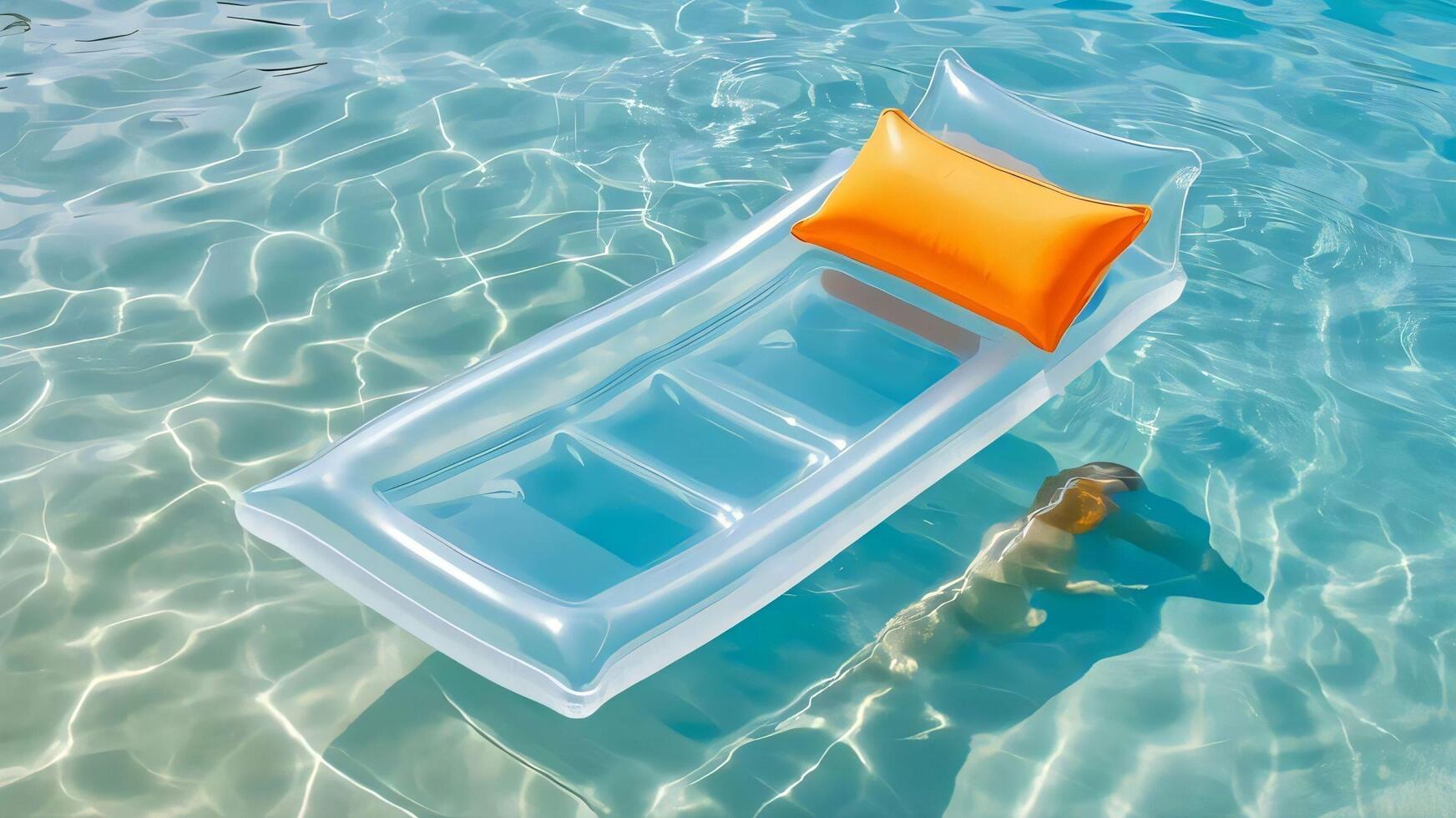 An inflatable pool chair with an orange pillow photo