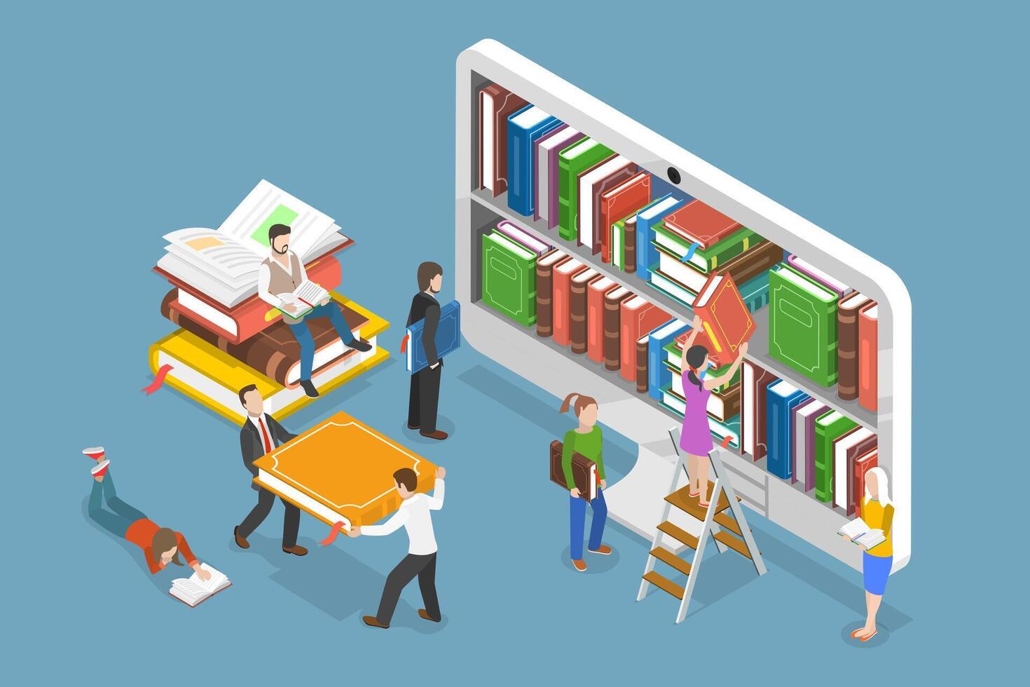 3D Isometric Flat Conceptual Illustration of Online Library, Digital Reading and E-learning vector