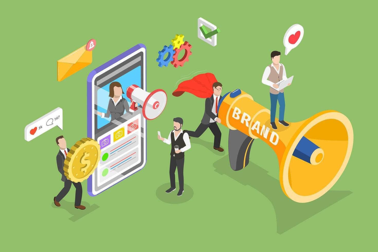 3D Isometric Flat Conceptual Illustration of Brand Awareness Campaign, Online Branding and Marketing vector