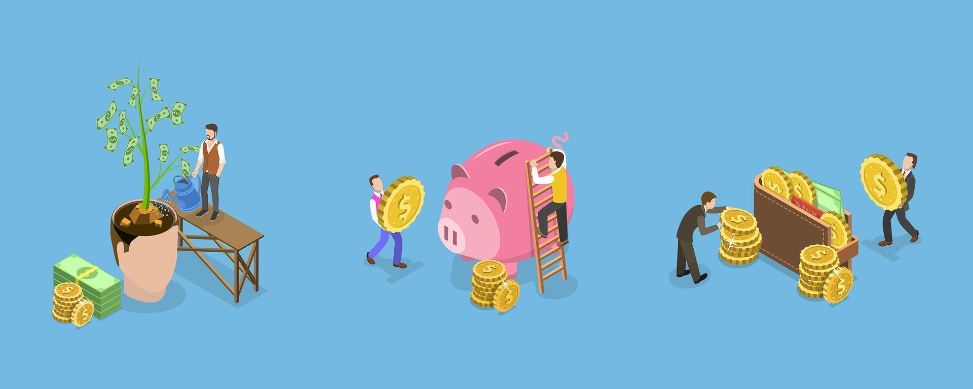 3D Isometric Flat Conceptual Illustration of Financial Investment, Business Growth and Commerce Solutions vector