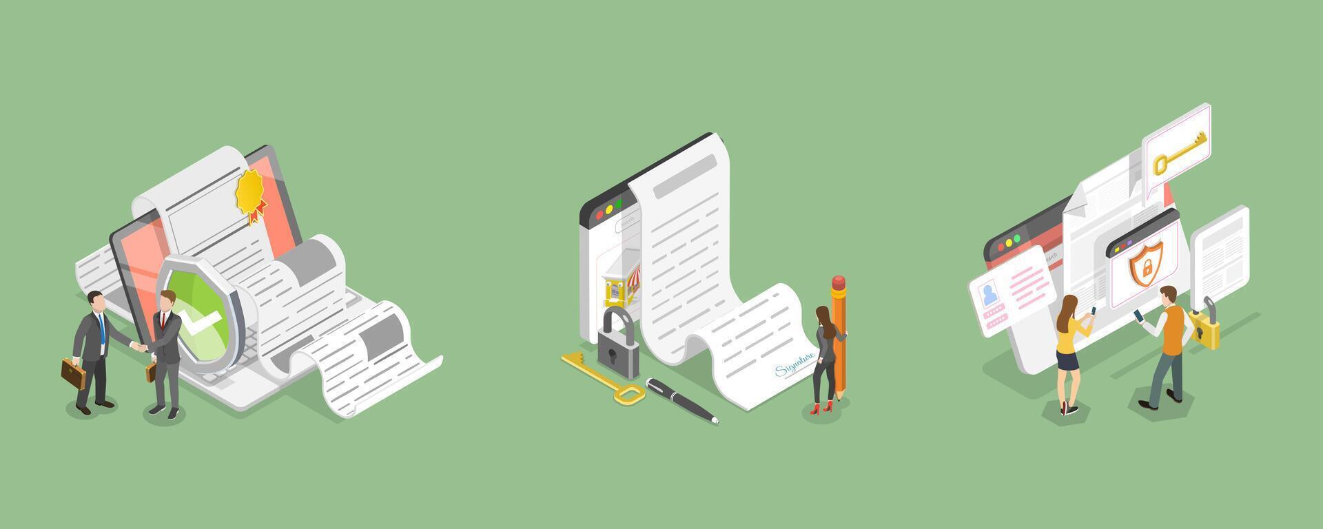 3D Isometric Flat Conceptual Illustration of Cyber Security, Digital User Agreement Signing vector