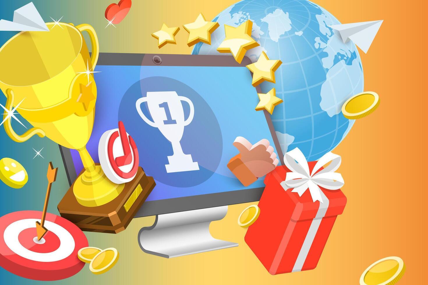 3D Conceptual Illustration of Online Competition Reward, Digital Trophy, Gamification vector