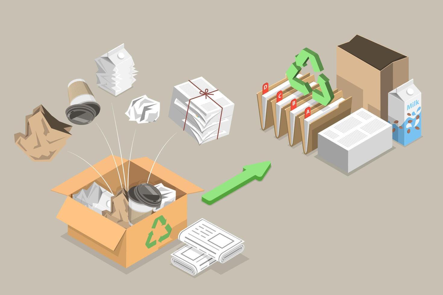3D Isometric Flat Conceptual Illustration of Paper Recycle Process, Environmental Conservation vector
