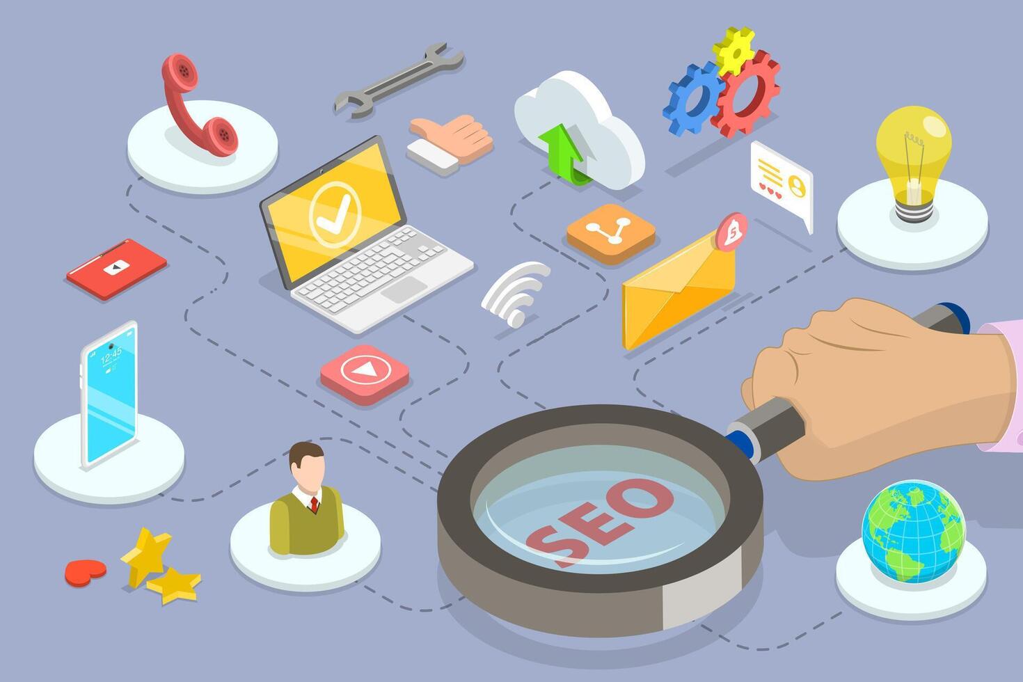 3D Isometric Flat Conceptual Illustration of SEO Optimization, Web Analytics and Search Engine Ranking vector