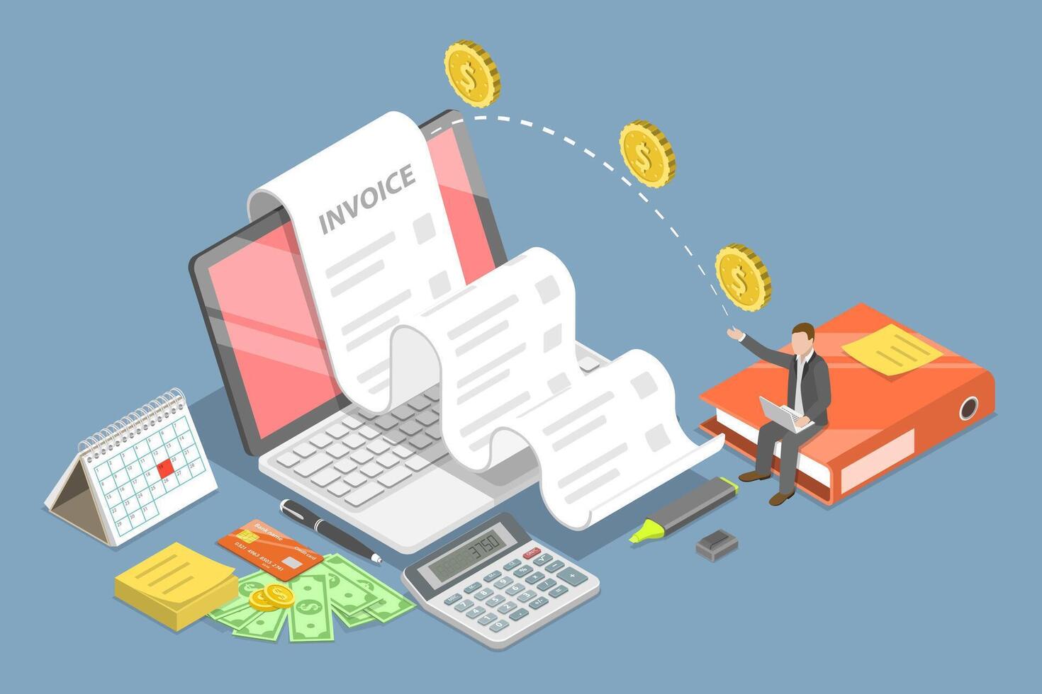 3D Isometric Flat Conceptual Illustration of Online Invoice, Digital Payment Check vector