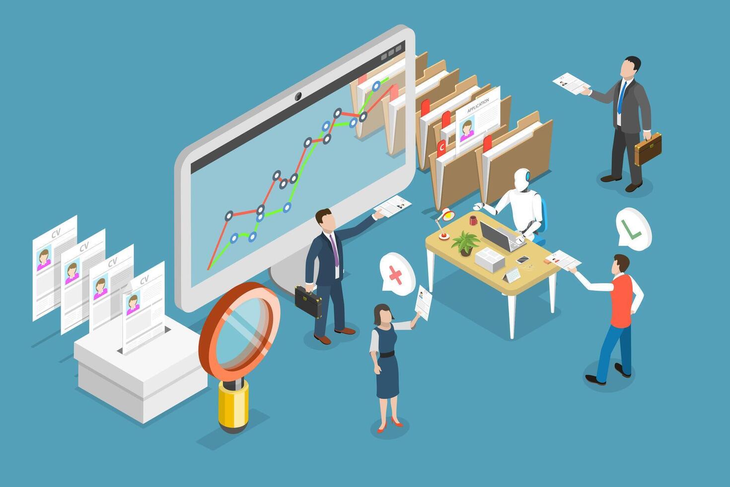 3D Isometric Flat Conceptual Illustration of Robot HR Manager, Human Resource Automation vector