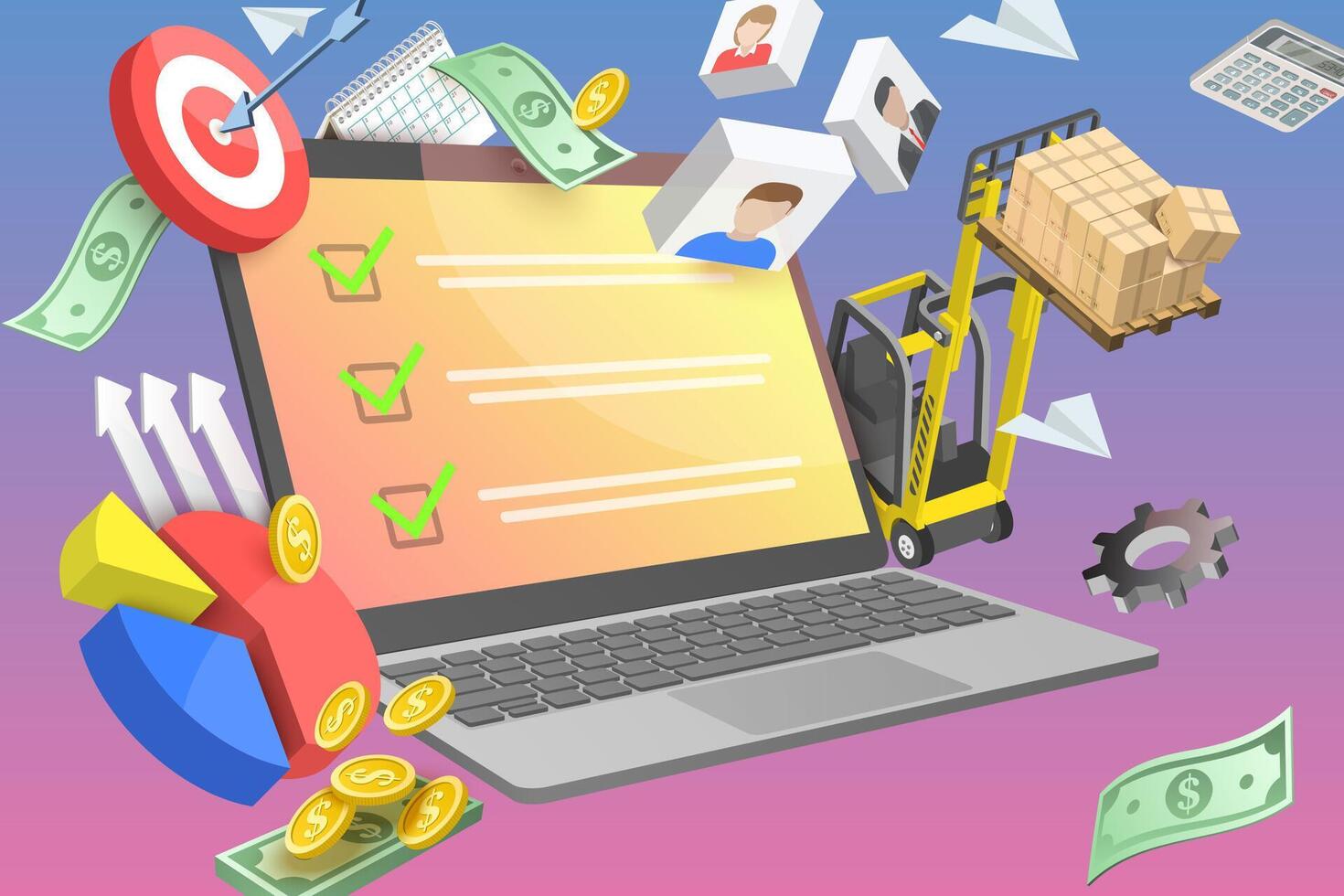 3D Conceptual Illustration of ERP - Enterprise Resource Planning, Inventory Management and Supply Chain vector