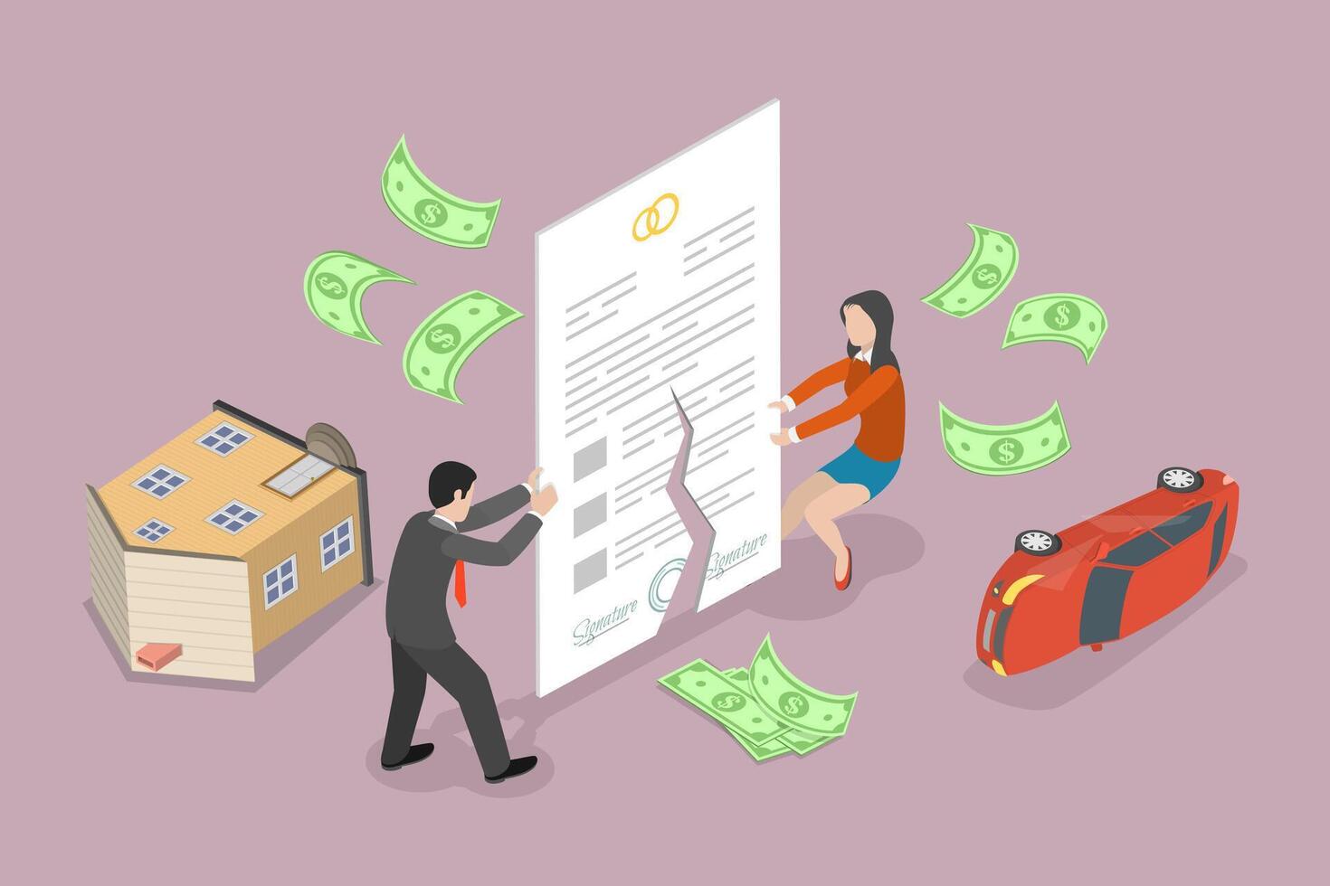3D Isometric Flat Conceptual Illustration of Divorce , Family Breakup and Property Division vector