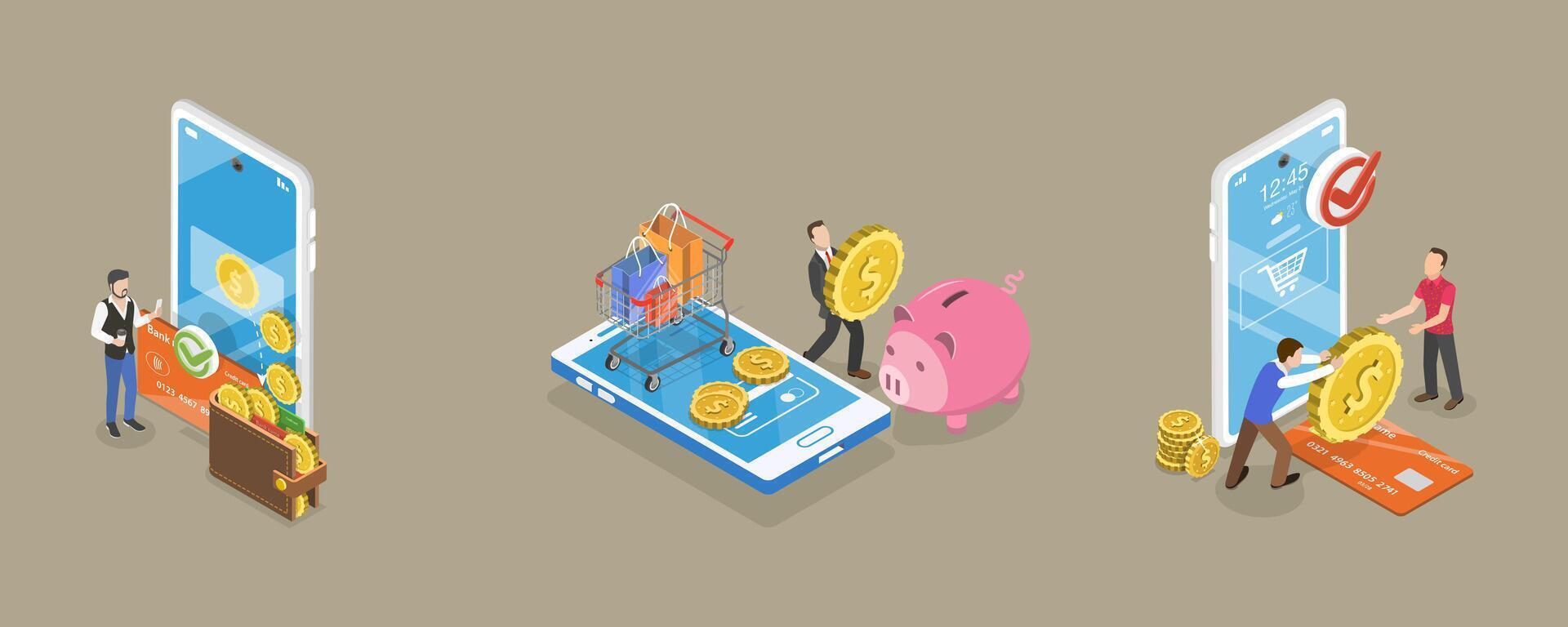 3D Isometric Flat Conceptual Illustration of Refund And Reversal Transaction, Cashback and Financial Savings vector