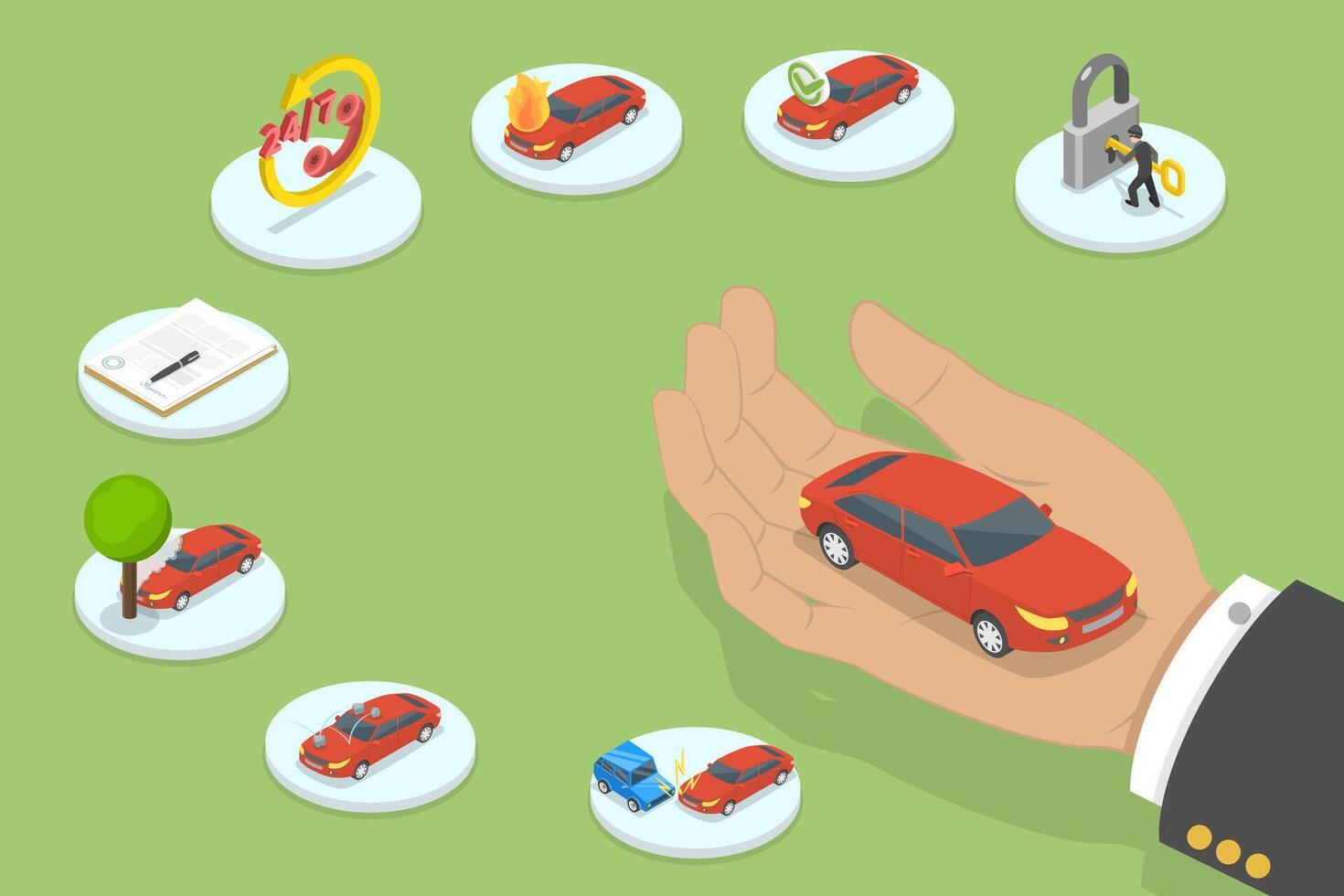3D Isometric Flat Conceptual Illustration of Car Insurance Policy, Types of Auto Insurance Coverage vector