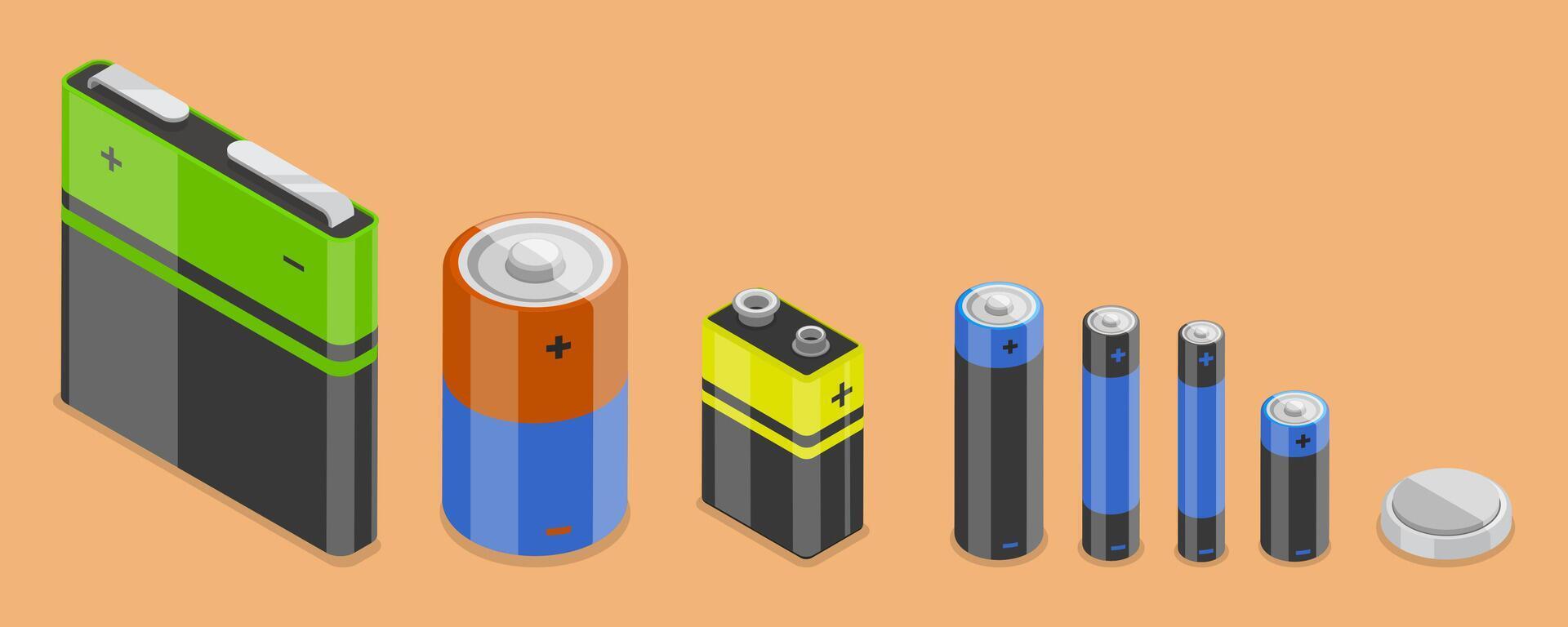 3D Isometric Flat Conceptual Illustration of Battery Set, Alkaline Batteries Dfferent Size vector