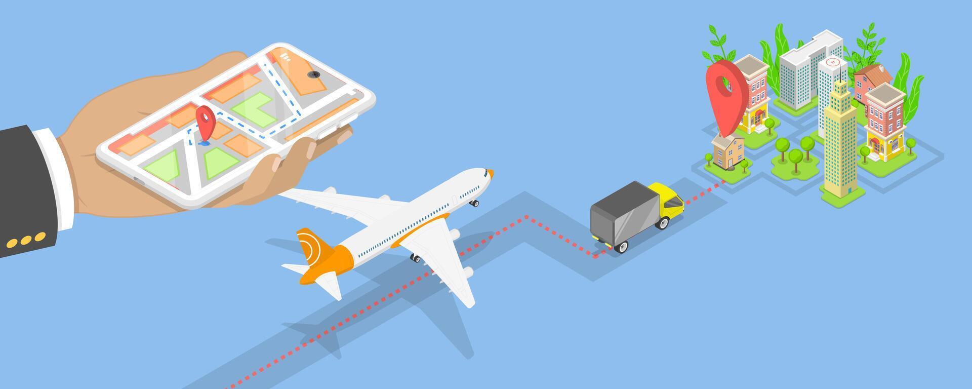 3D Isometric Flat Conceptual Illustration of Delivery Tracking, Cargo Transportation vector