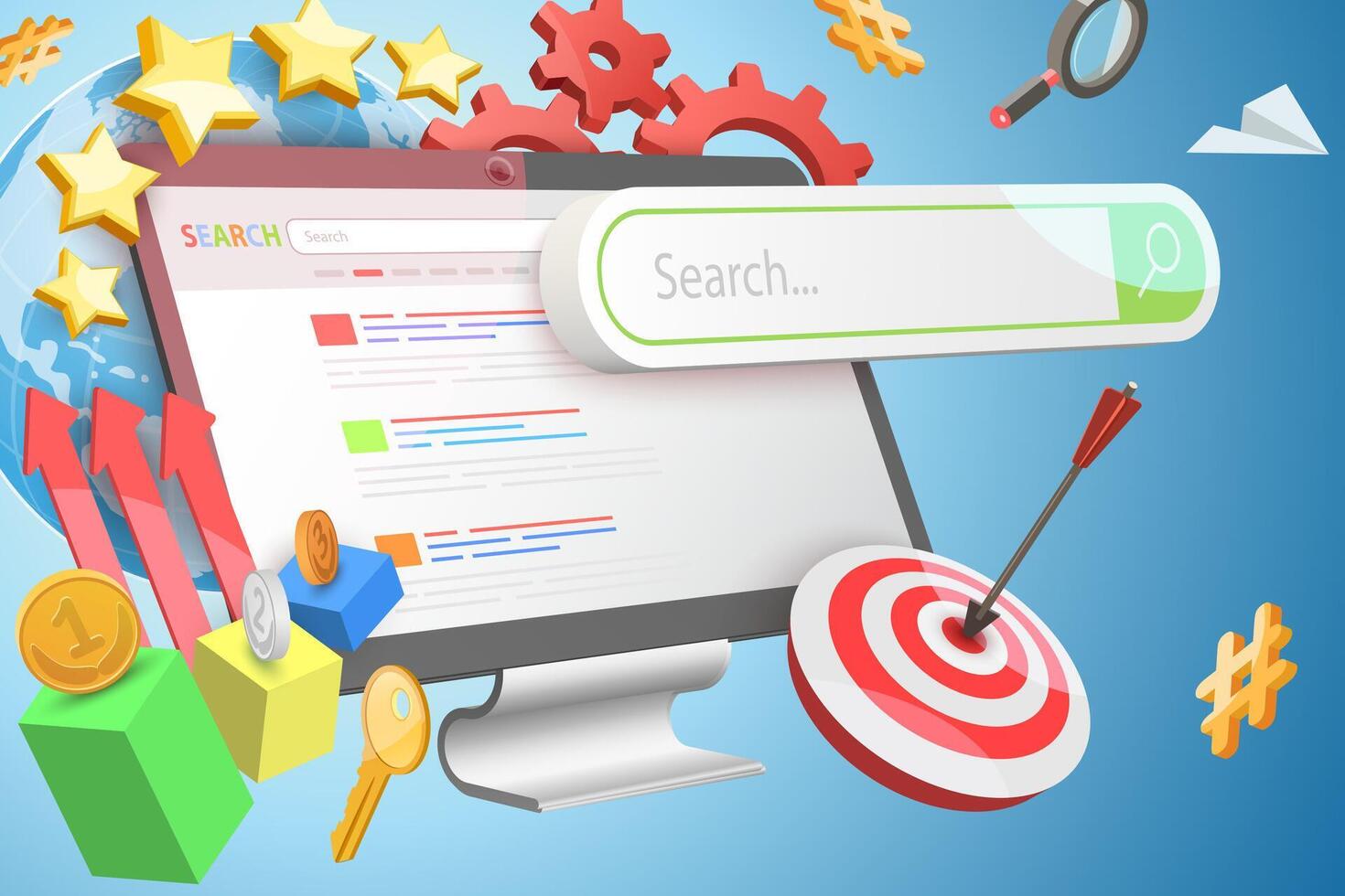 3D Conceptual Illustration of Keyword Ranking, Website Optimization Marketing vector