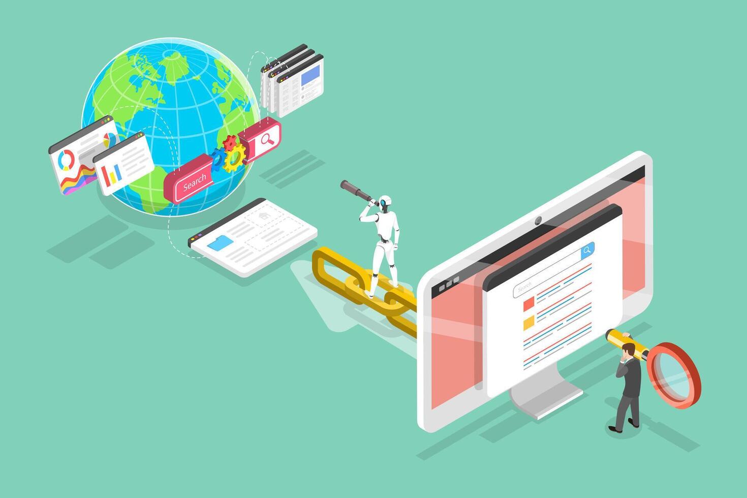 3D Isometric Flat Conceptual Illustration of Web Search, SEO Algorithm vector