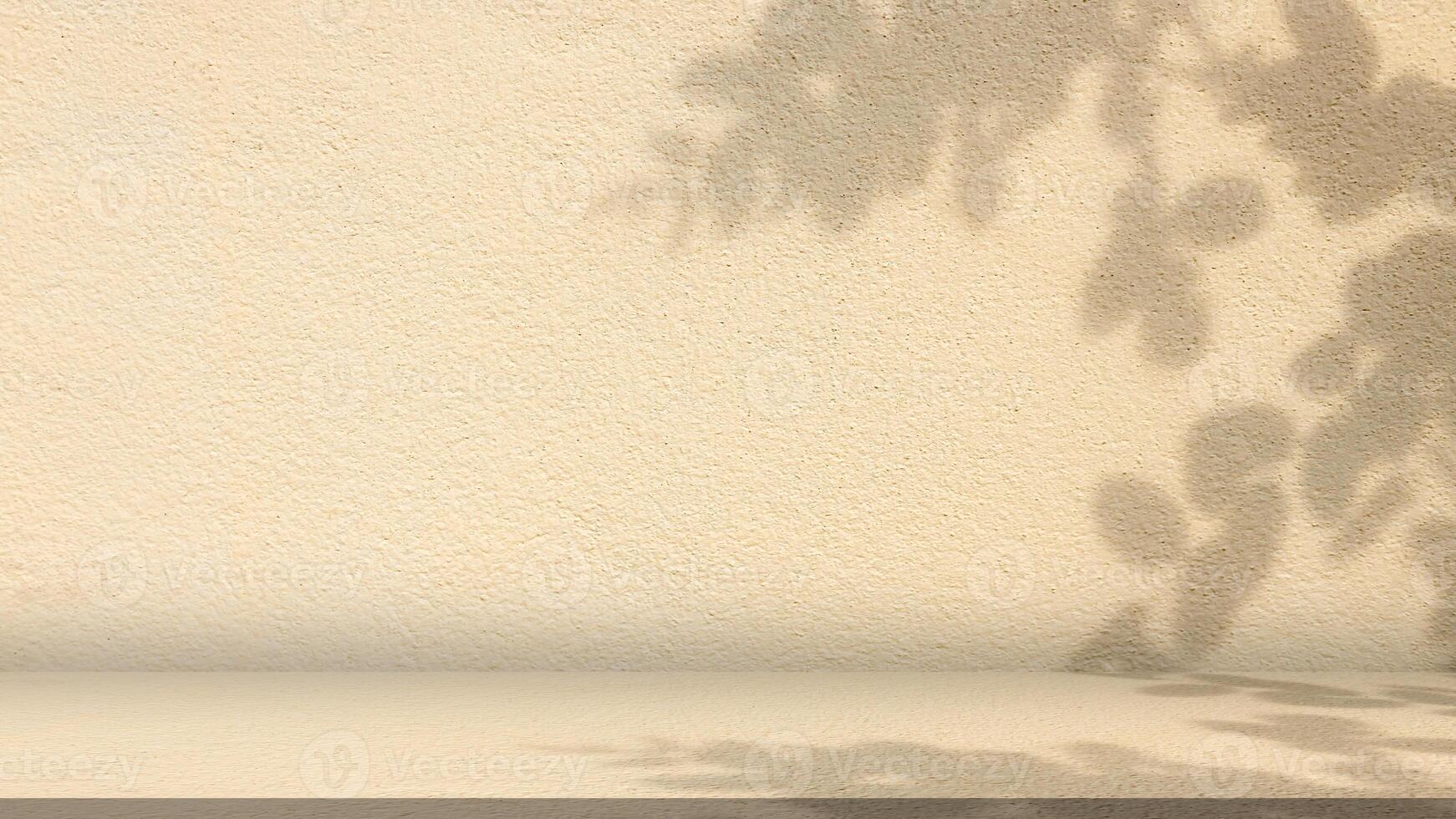 Background of golden yellow on cement texture with shadow leaves, Empty grey cement wall floor and wall room, Well display product and text present on free space, Luxury backdrop, Spring and summer. photo