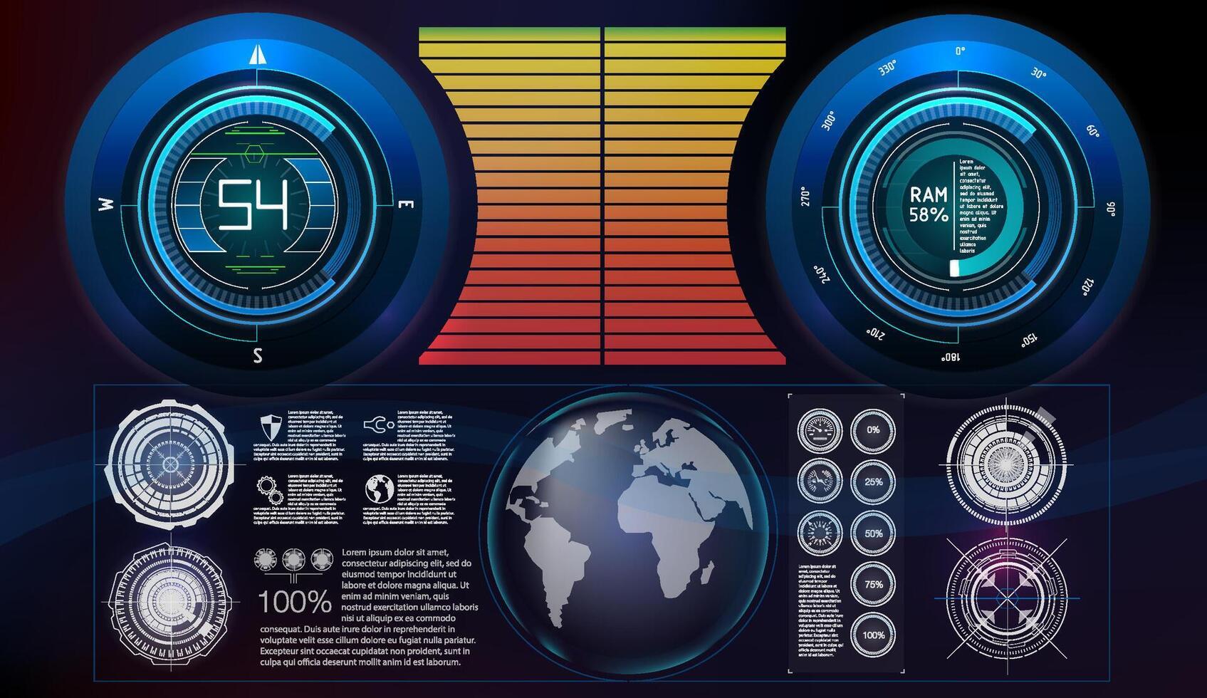 Futuristic digital dashboard displaying system performance and global data metrics with vibrant graphical elements. vector